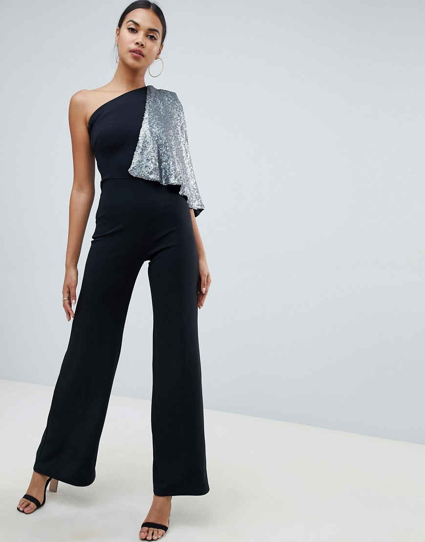 Club L one shoulder jumpsuit with sequin cape sleeve
