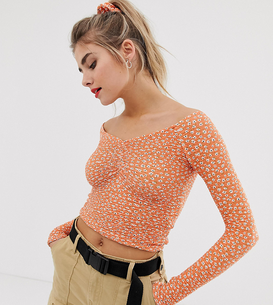 Bershka ruch front floral print top with scrunchie in orange