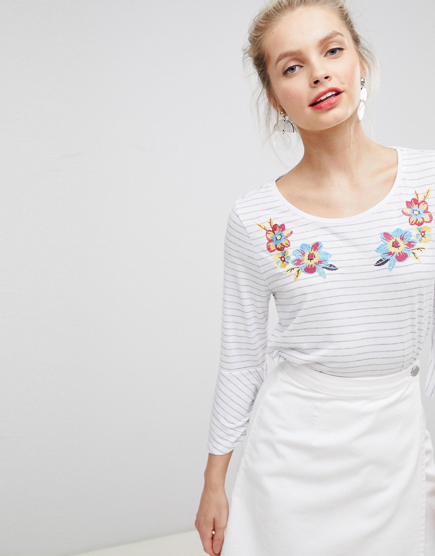 Nocozo Top in Yarn Dye Stripe with Floral Embroidery