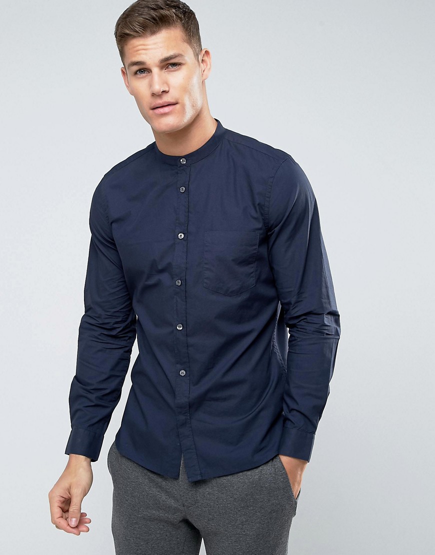 French Connection Slim Fit Grandad Shirt with Pocket - Navy