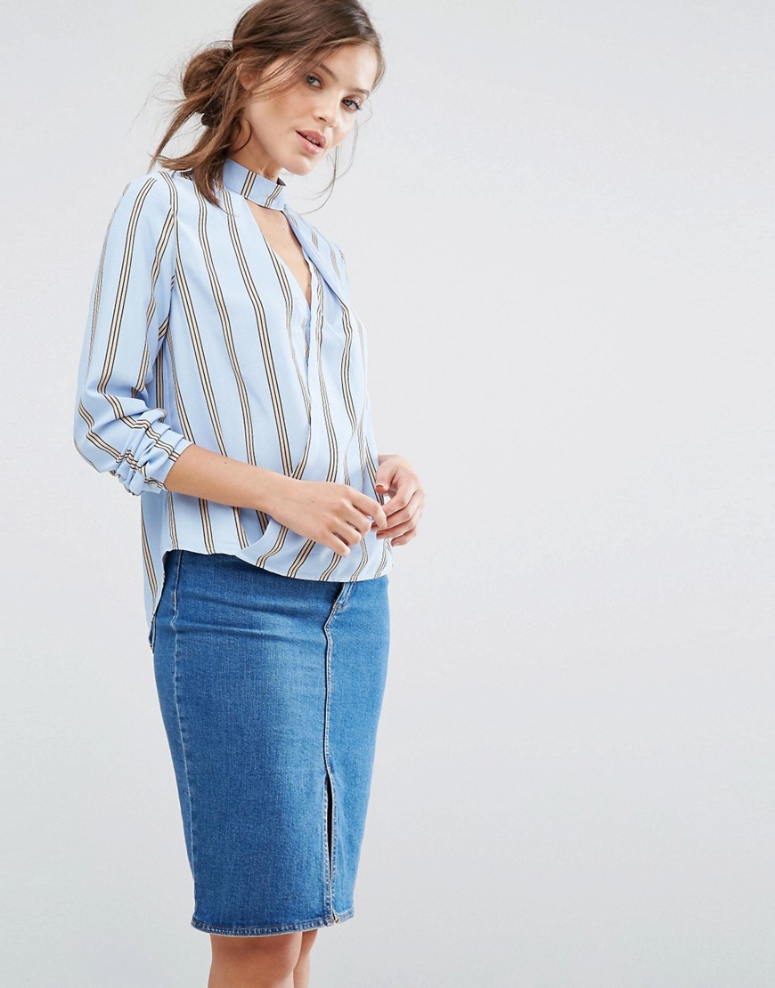 Parallel Lines Wrap Front Choker Collar Top In Spaced Stripe - Blue