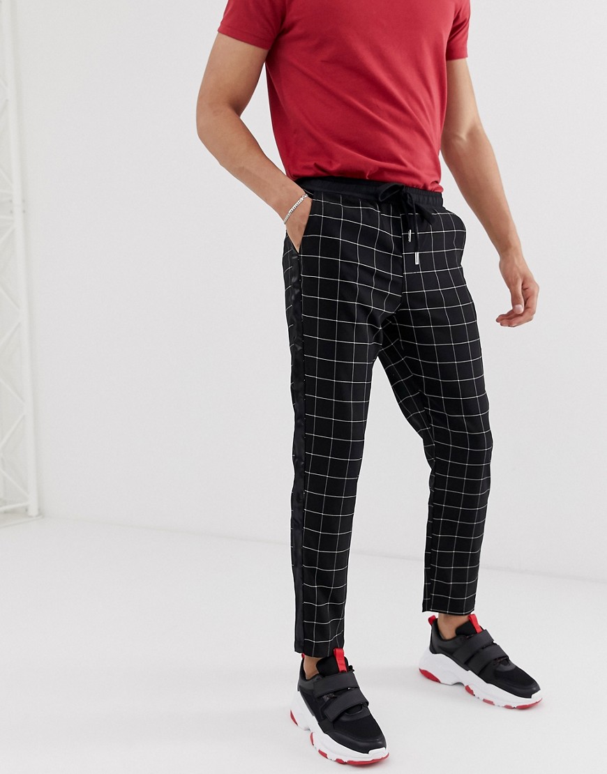Sixth June tapered trousers in black check with side stripe