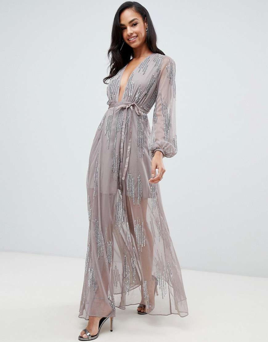 ASOS DESIGN maxi dress with square neck and wrap skirt with starburst - Silver