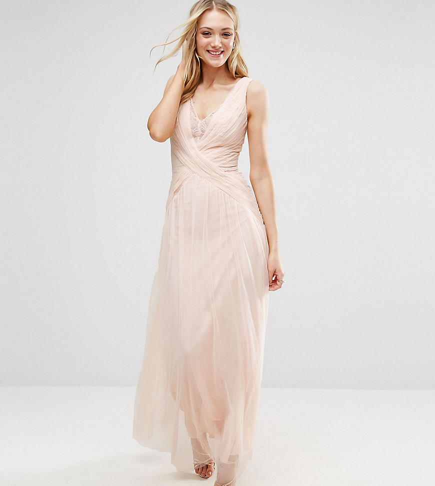 Little Mistress Tall Pleated Wrapover Maxi Dress With Lace Trim - Nude
