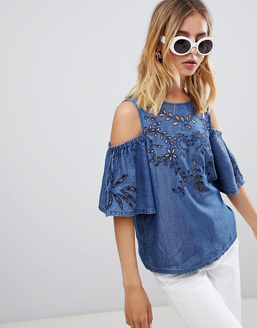 New Look embroidered chambray cold shoulder blouse