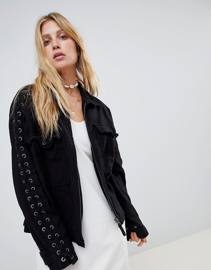Free People Fave Military Denim Jacket with Lace Up Sleeves