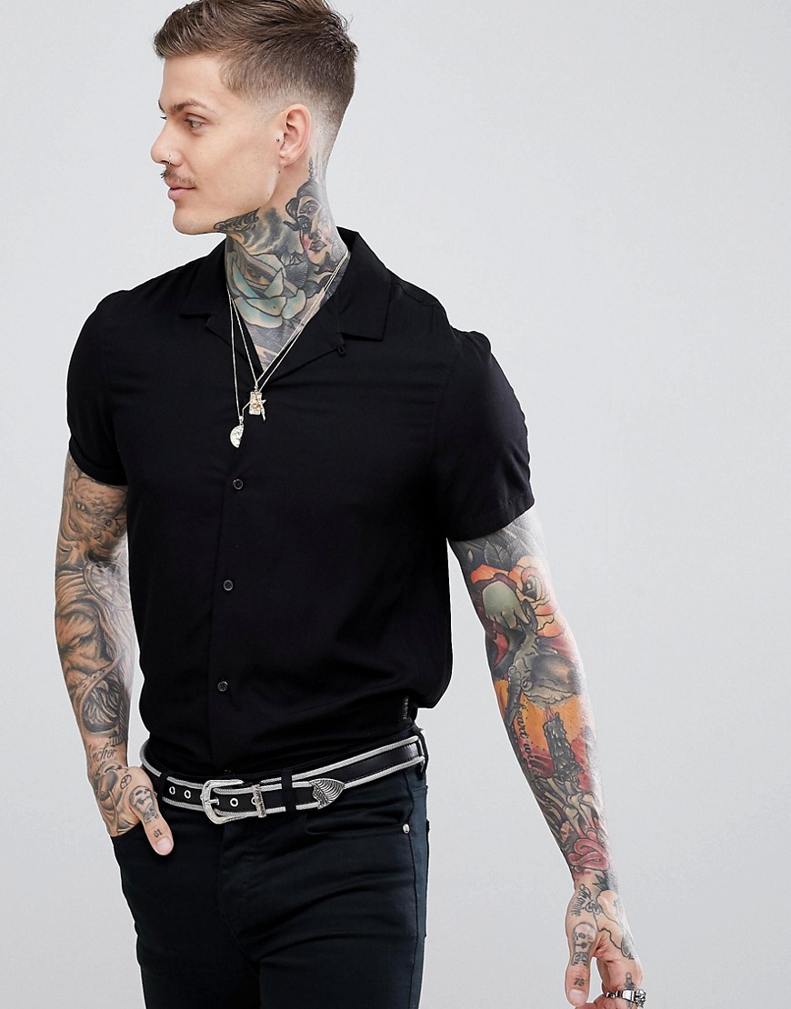 Religion revere collar rayon short sleeve shirt in black - Black