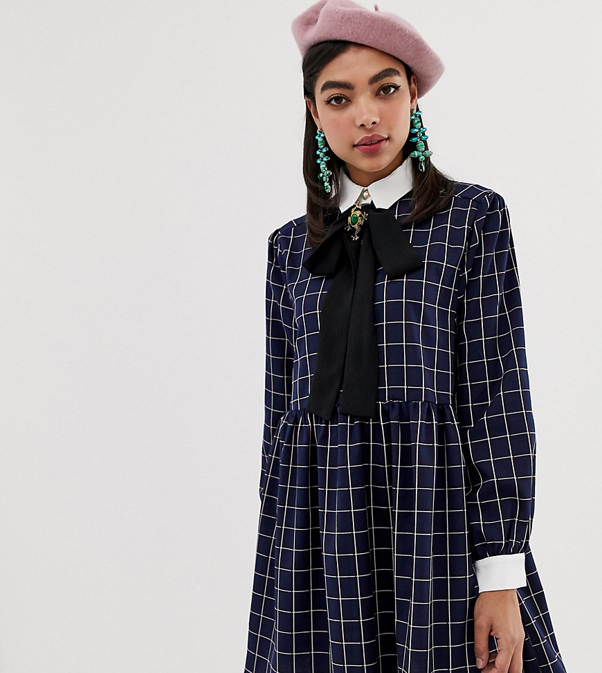 Sister Jane shirt mini dress with pussybow collar in grid check print