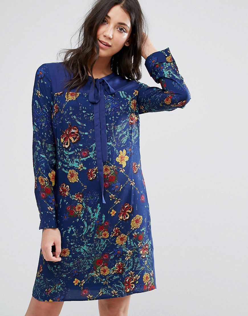 Lavand Printed Shift Dress With Tie Neck - Blue
