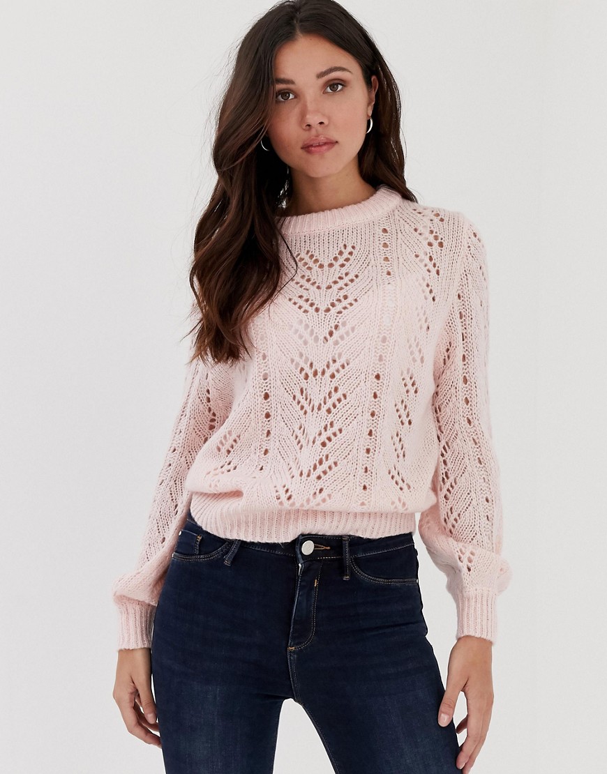 Brave Soul lightweight pointelle jumper with balloon sleeve in pastel pink