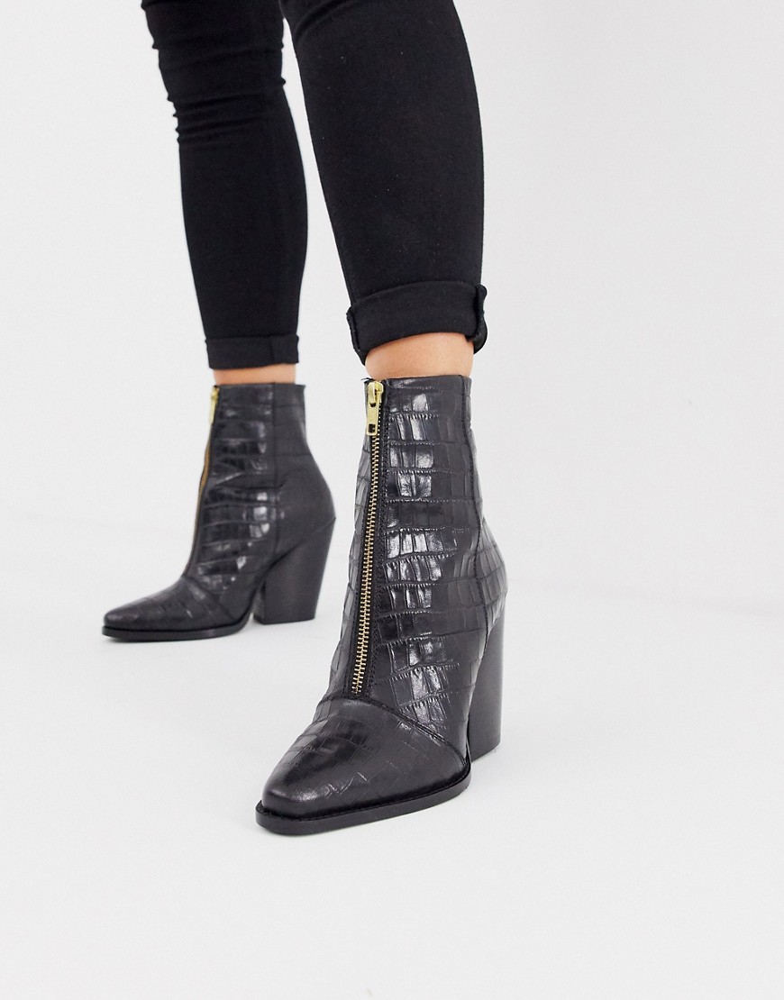 Asos Design Rotate Leather Zip Western Ankle Boots In Black Croc