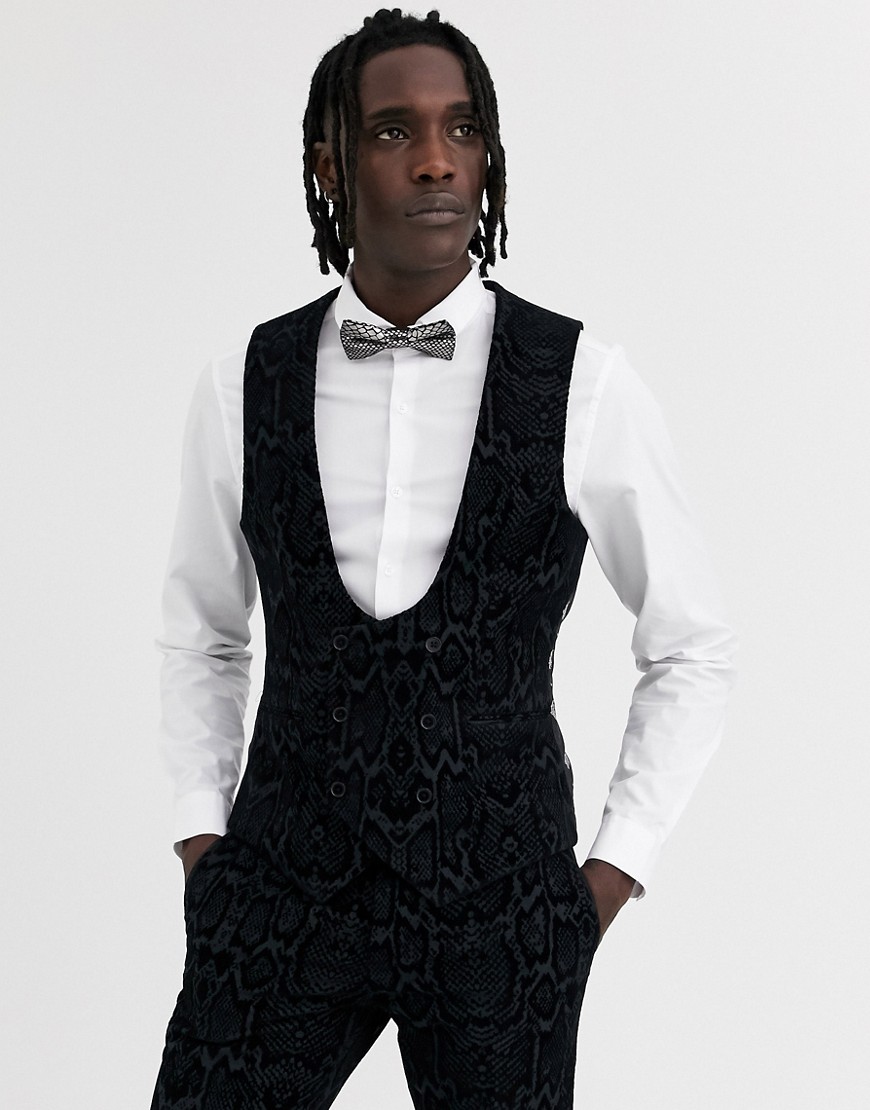 Twisted Tailor waistcoat in grey snake flocking