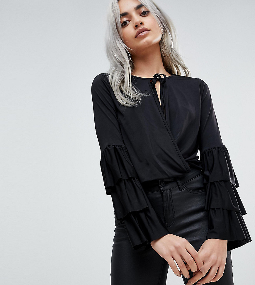 ASOS PETITE Wrap Front Top with Frill Sleeves and Tie Neck