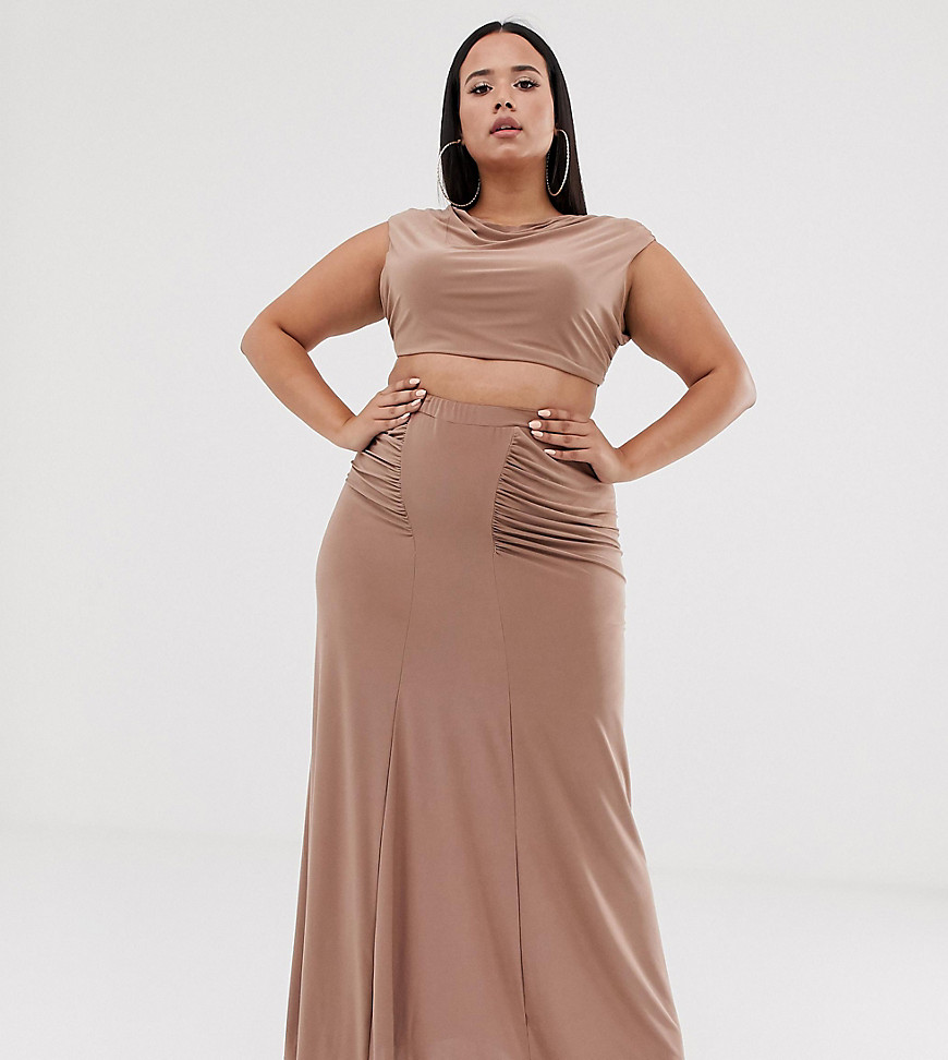 Club L London Plus ruched detail slinky maxi skirt in camel