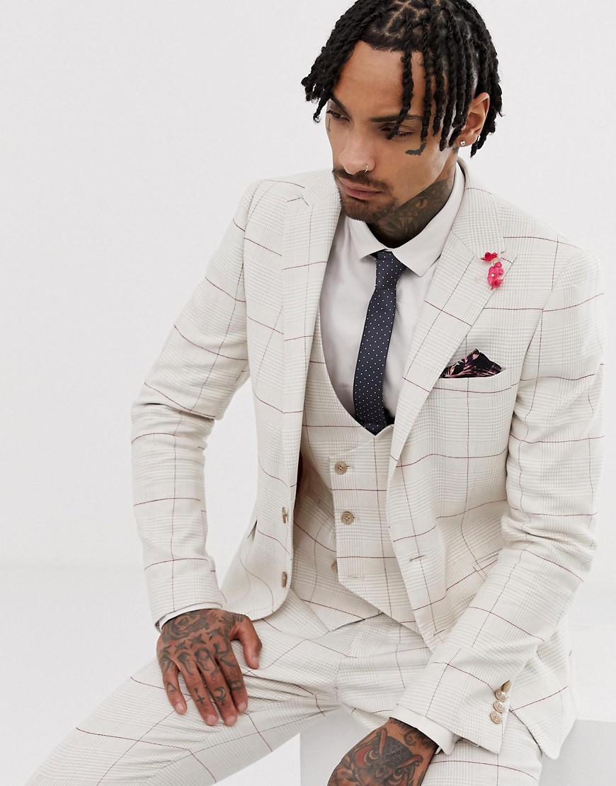 Gianni Feraud wedding skinny fit peak lapel linen blend check suit jacket