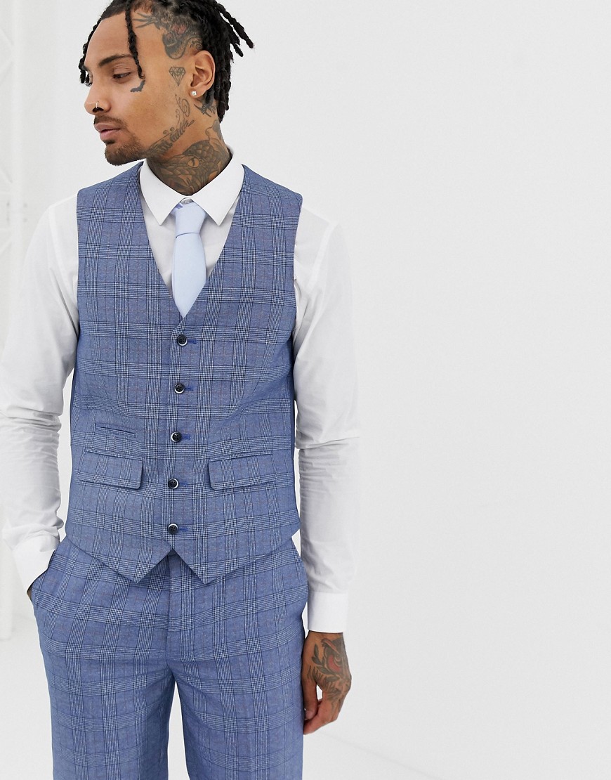 Harry Brown Blue And Rust Check Slim Fit Waistcoat