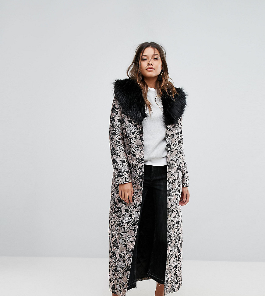 Dolly & Delicious Premium Embroidered Jacquard Maxi Coat With Fluffy Collar Detail - Multi