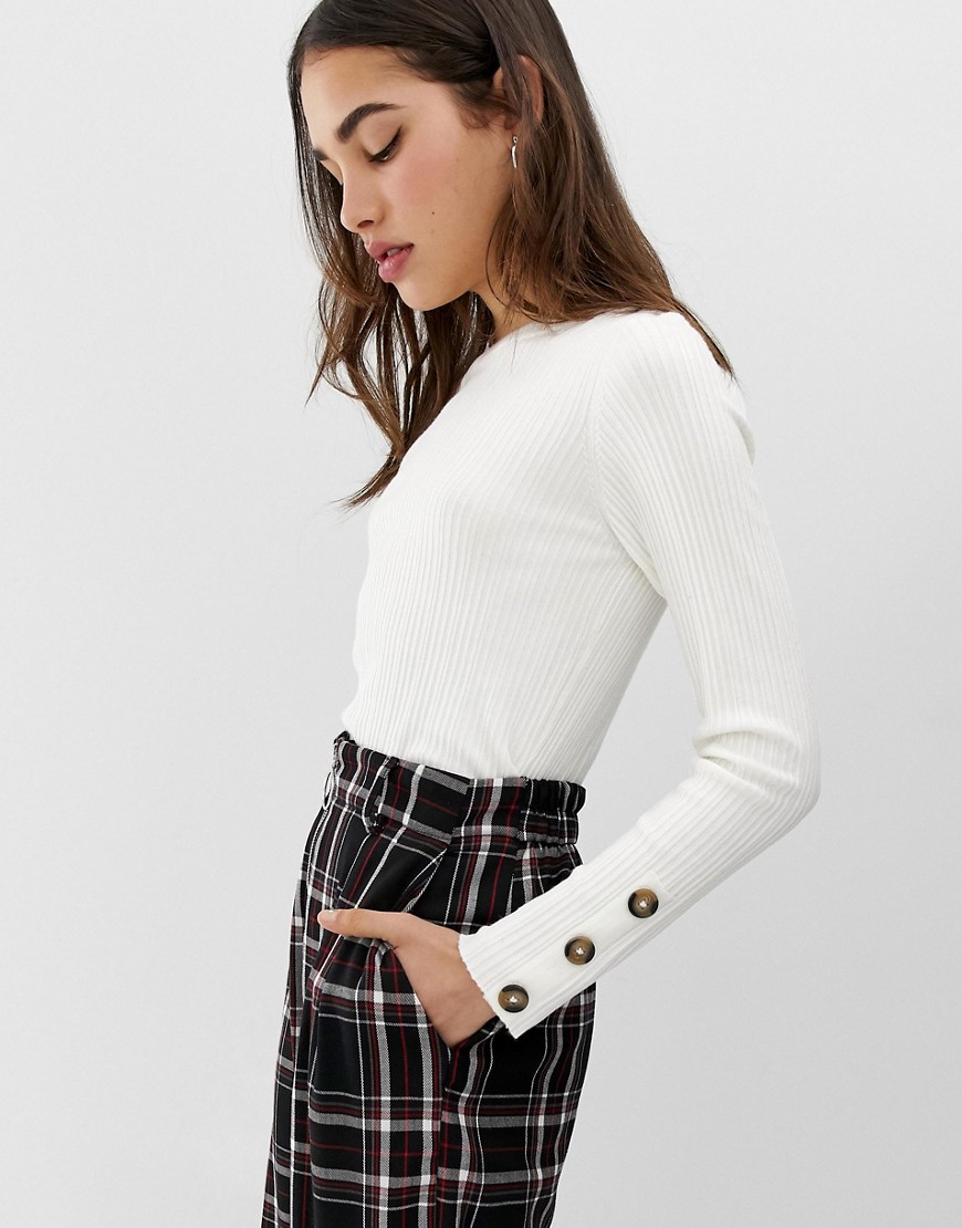 Pimkie lightweight ribbed jumper with sleeve button detail in white