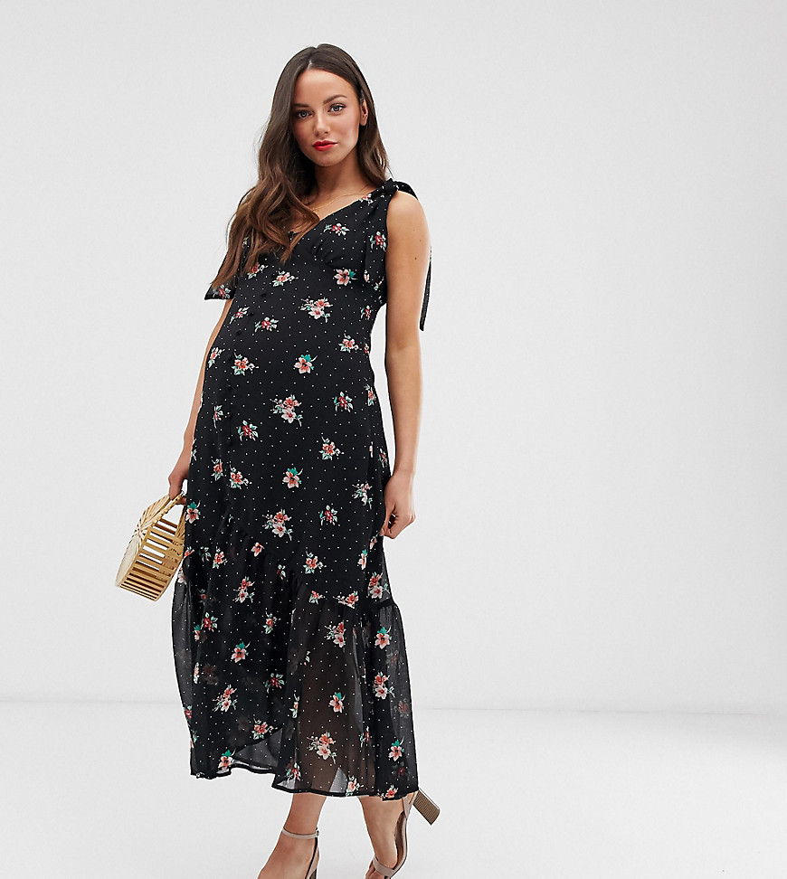 Wild Honey Maternity midi dress with frill detail in floral