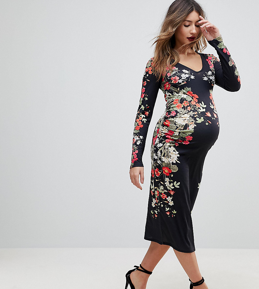 Bluebelle Maternity Longsleeved Bodycon Dress with Placement Print - Black