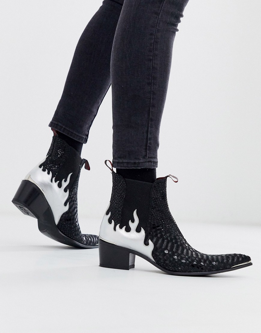 Jeffery West Sylvian chelsea boot with silver flames in black croc leather