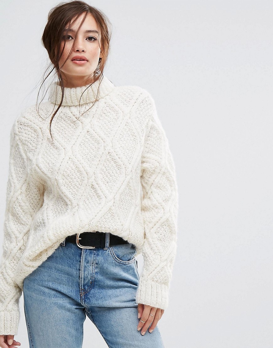 People Tree Hand Knitted Cable Knit Unbleached Wool High Neck Oversized Jumper - Cream