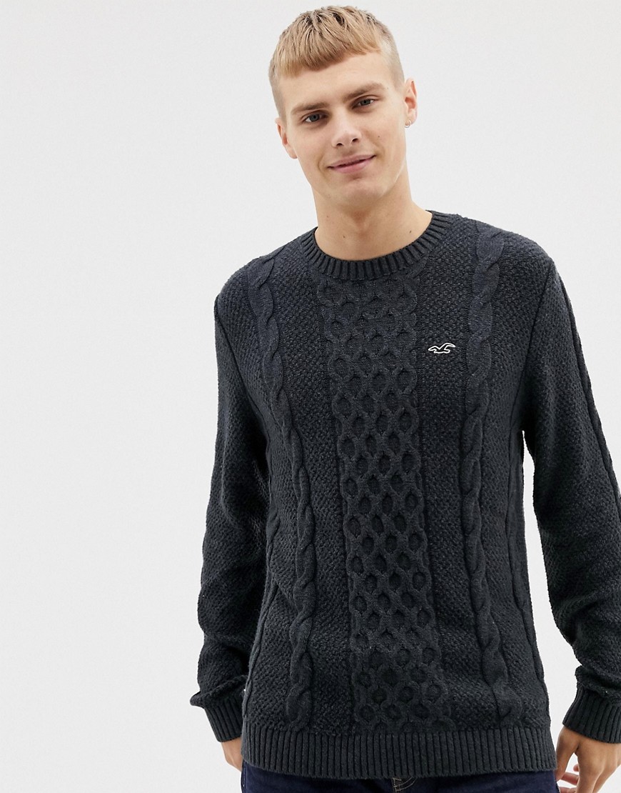Hollister icon logo cable knit jumper in black marl