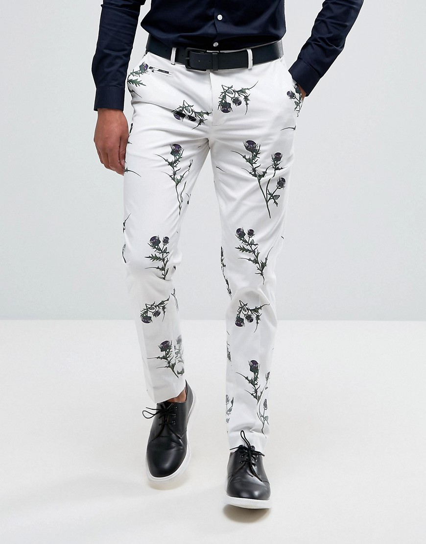 ASOS Skinny Smart Trouser with Floral Print in White - White