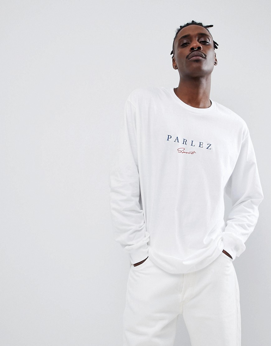 Parlez Long Sleeve T-Shirt With Embroidered Sport Script Chest Logo In White - White