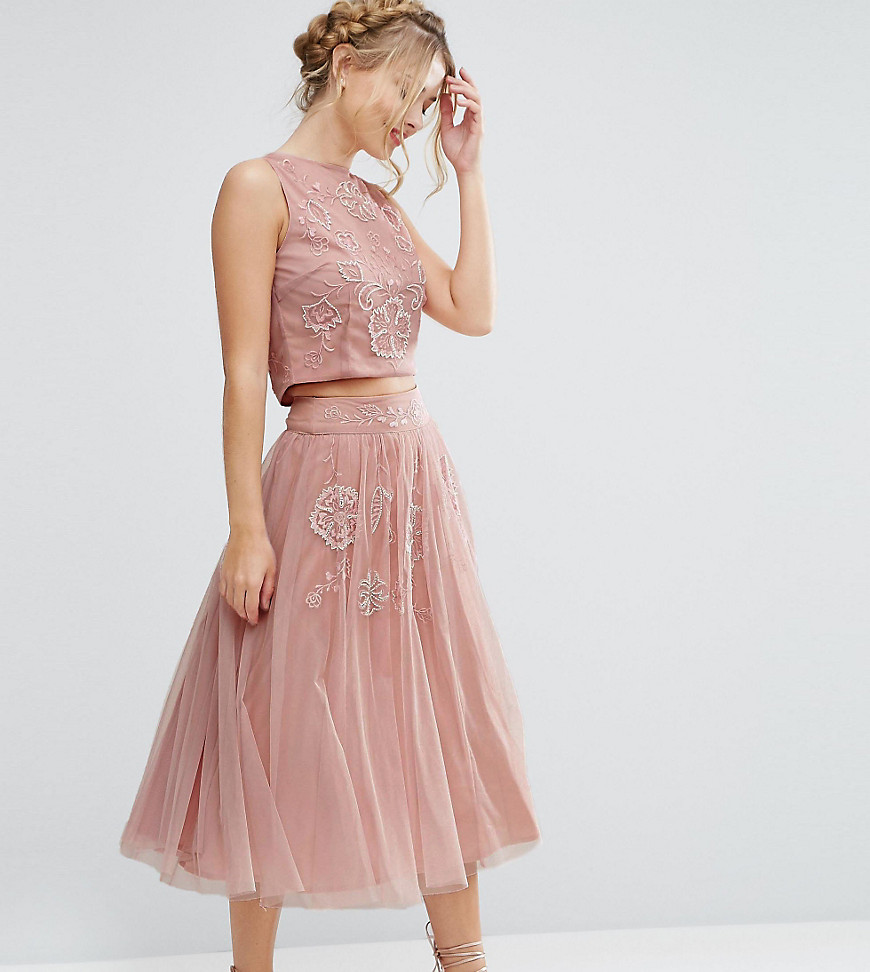 Lace & Beads Tulle Skirt with Floral Embellishment Co Ord - Dusty pink