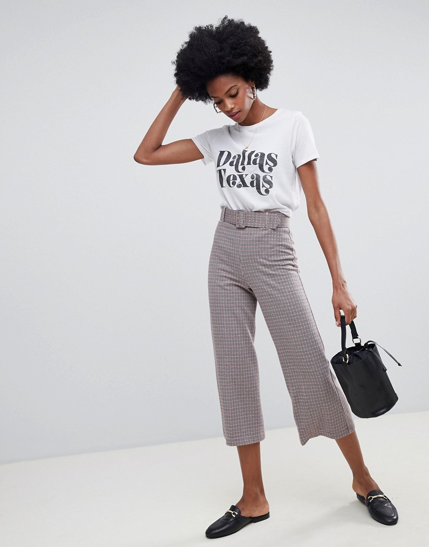 Miss Selfridge wide leg culottes with belt detail in check