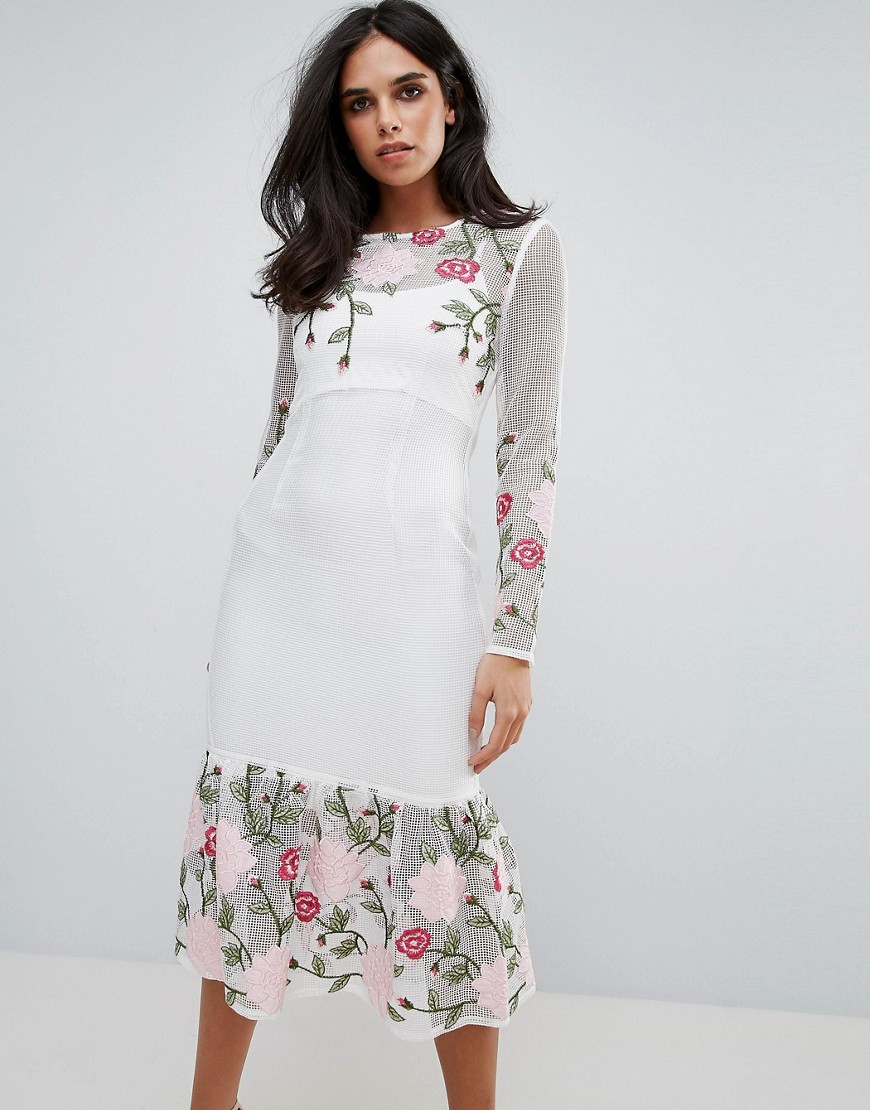 Forever Unique Long Sleeve Floral Placement Dress With Peplum - White