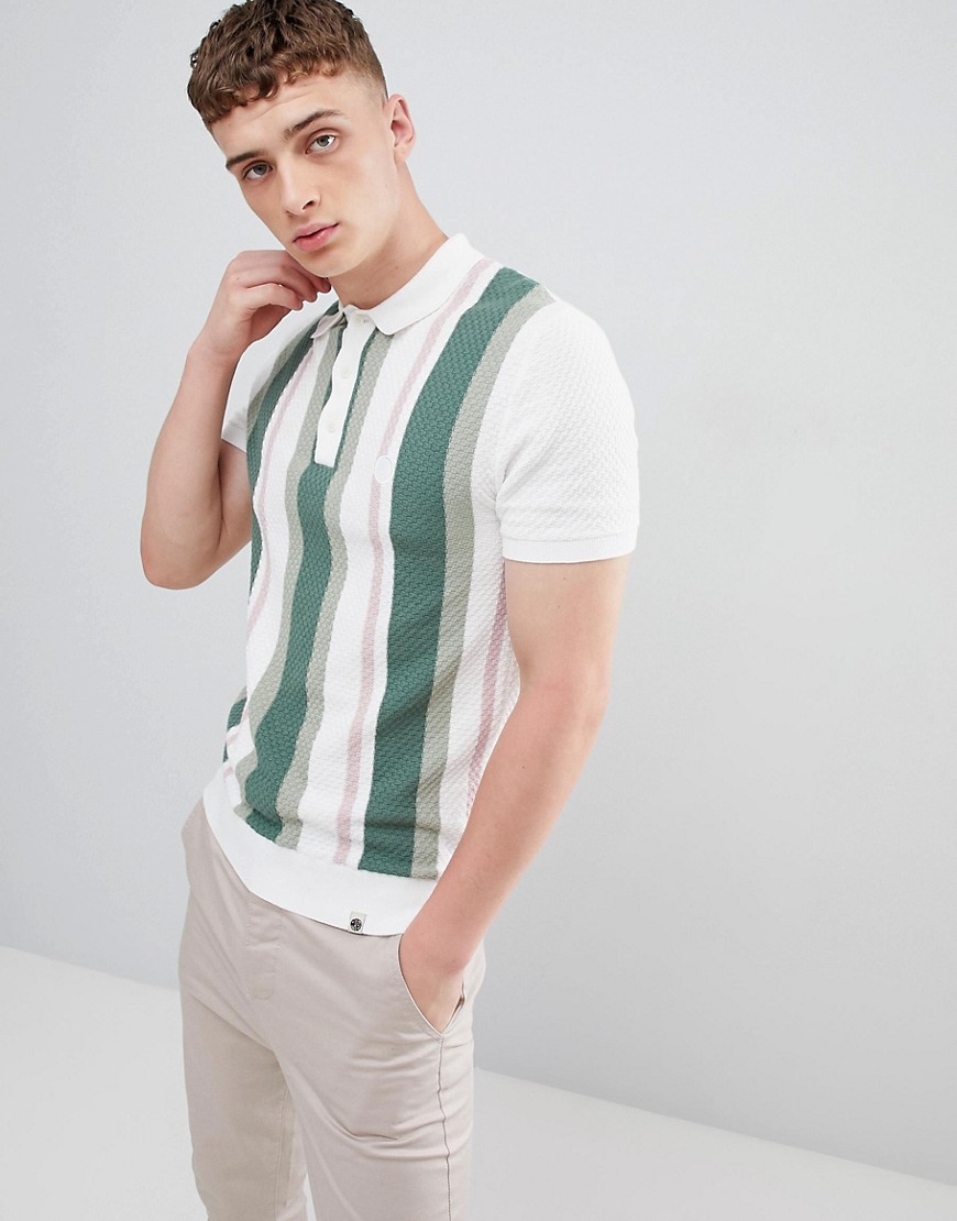 Pretty Green knitted stripe polo shirt in white