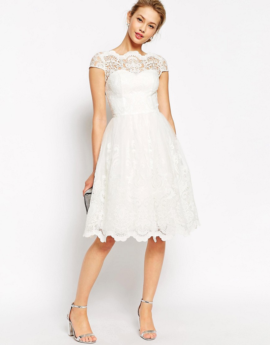 Chi Chi London Premium Lace Midi Prom Dress with Bardot Neck - White/white