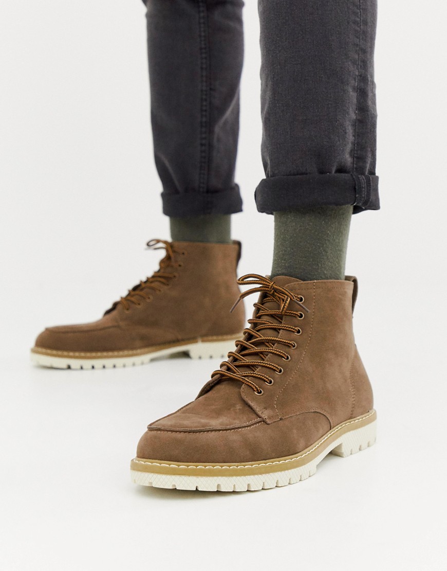 boohooMAN lace up boots with contrast sole in stone