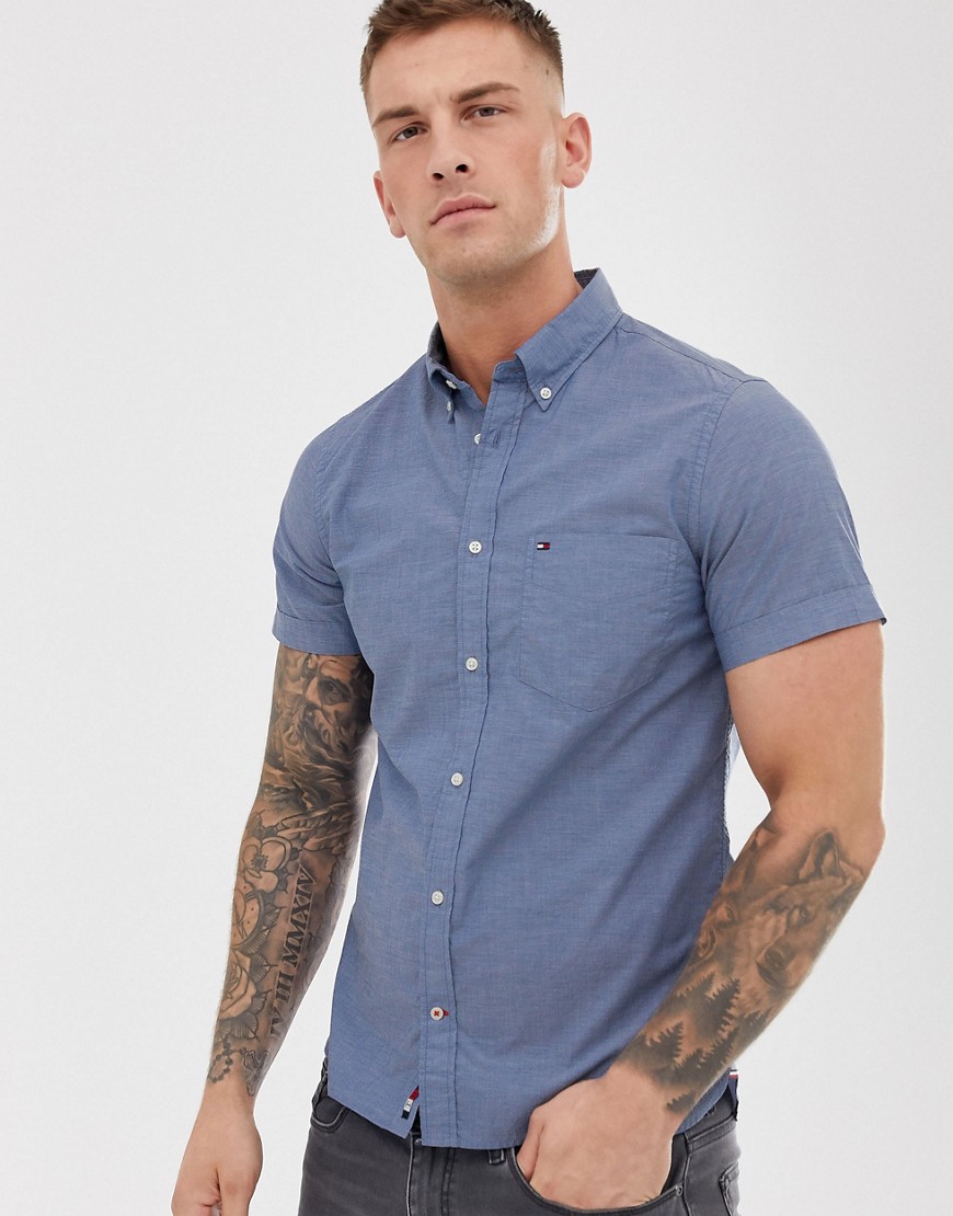 Tommy Hilfiger icon logo short sleeve buttondown poplin shirt slim fit in blue crossdye