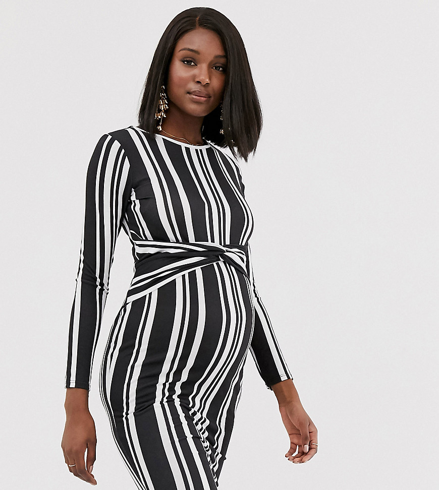 Blume Maternity exclusive twist front stretch midi dress in black and white stripe