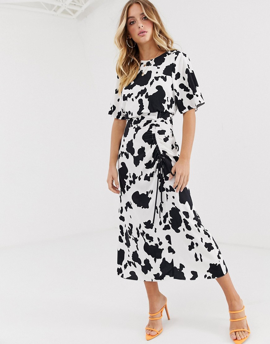 Asos Design Ruched Skirt Midi Dress In Cow Print-multi