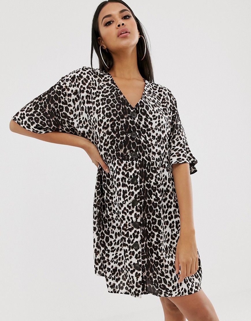 Asos Design V Neck Button Through Mini Smock Dress In Leopard Print-multi