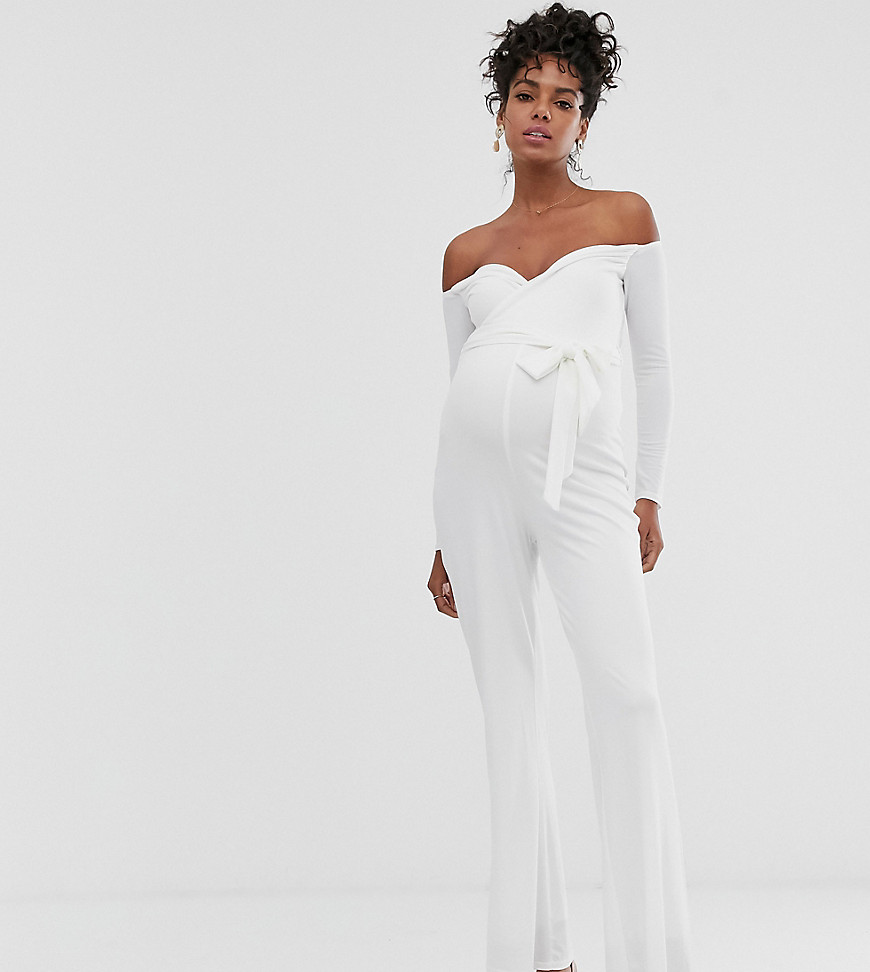 Queen Bee Maternity Wrap Front Bardot Jumpsuit With Belt In White