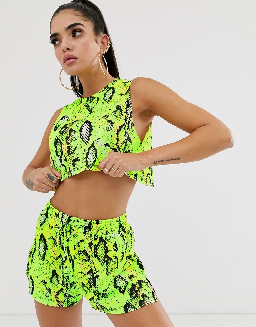 ASOS DESIGN neon snake print jersey beach crop top with wrap back co-ord