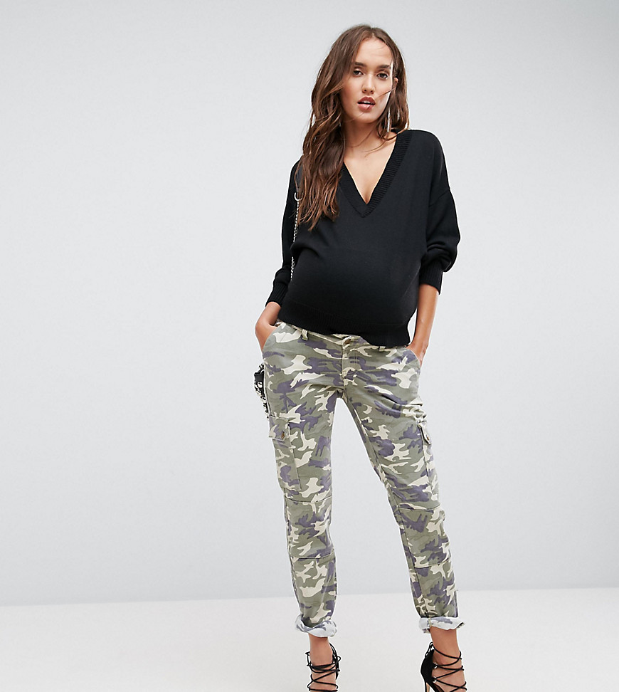 Bandia Maternity Over The Bump Cargo Pants With Removable Waistband - Camo