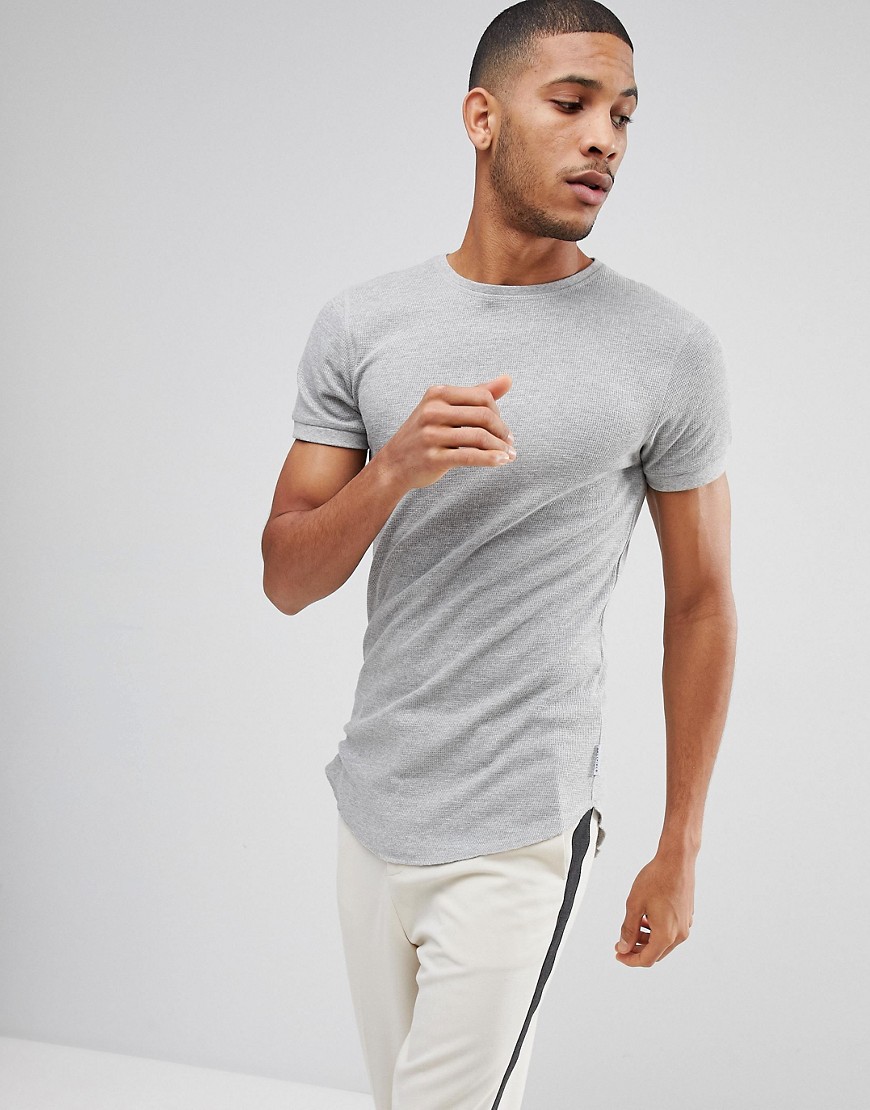 Bellfield Waffle T-Shirt In Muscle Fit With Curved Hem - Grey