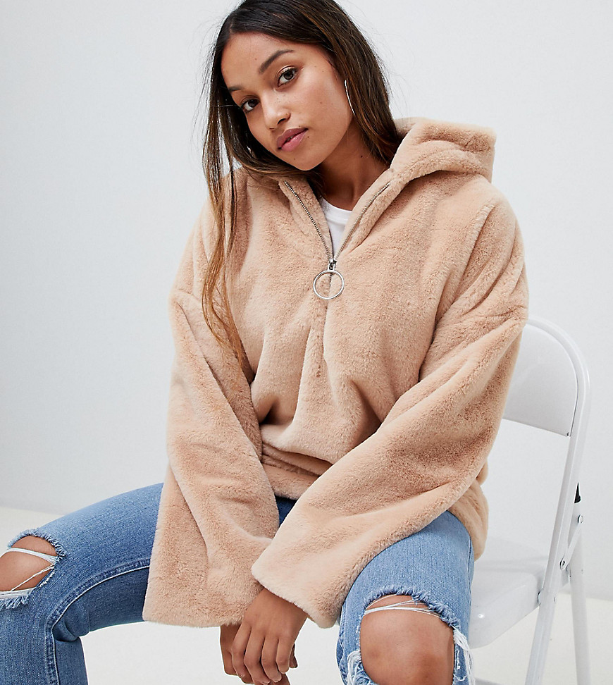 Glamorous Petite half zip hooded jacket in faux fur - Tan