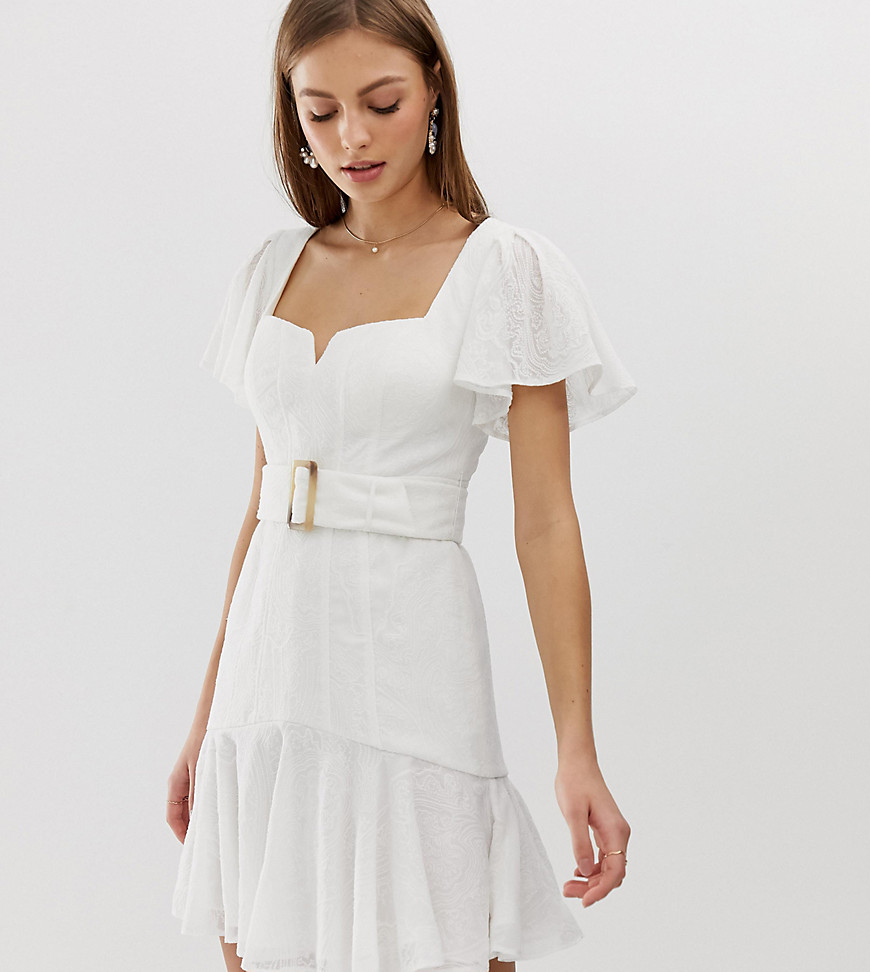 Forever New embroidered midi flip dress with belt in ivory