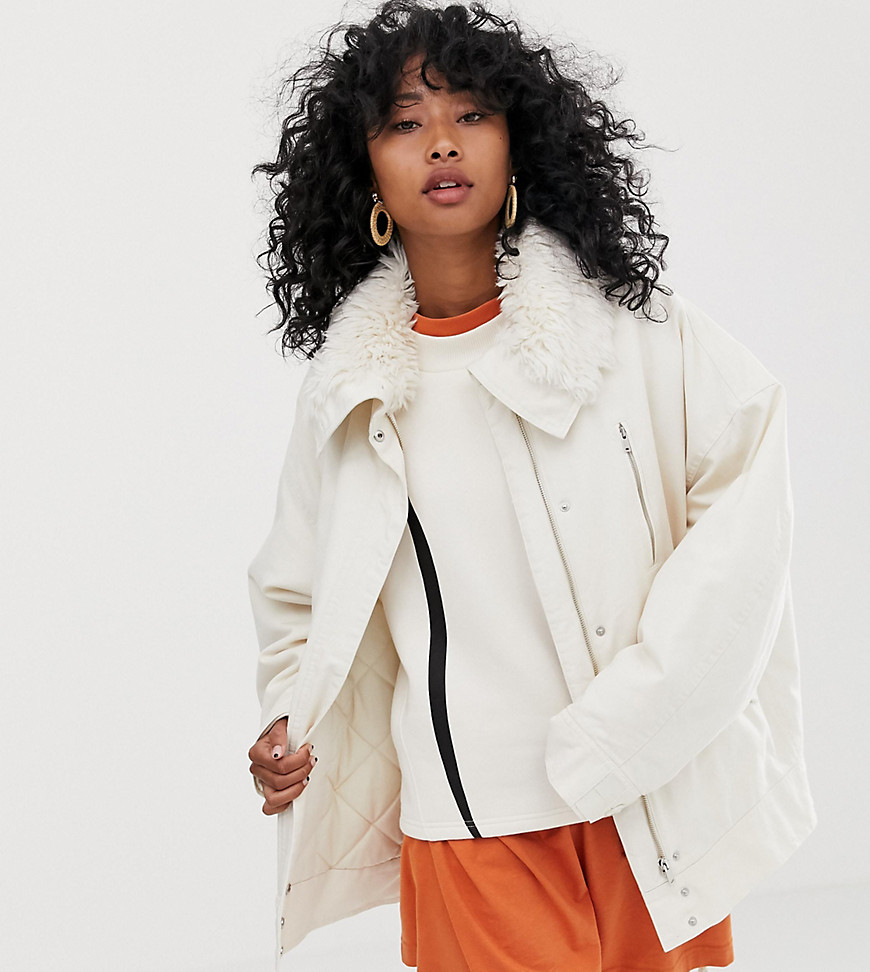 Weekday short parka jacket with faux fur collar in off white