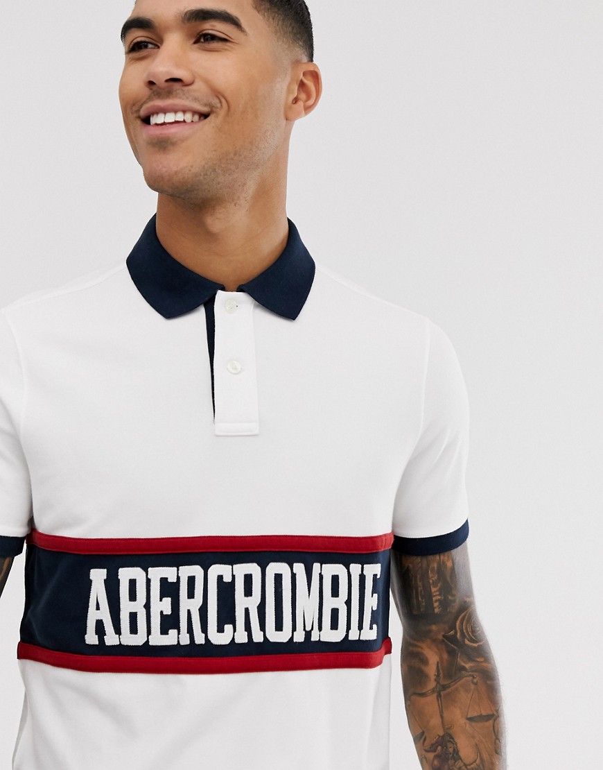 Abercrombie & Fitch chest stripe logo and contrast collar pique polo in white