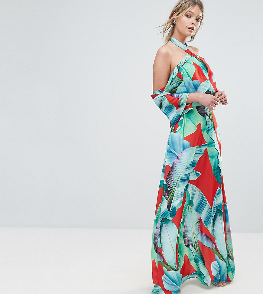 Every Cloud Palm Print Halterneck Maxi With Ruffle - Red base leaf print
