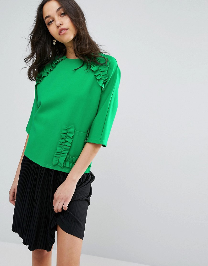 Lost Ink Short Sleeve Top With Extreme Frill And Pocket