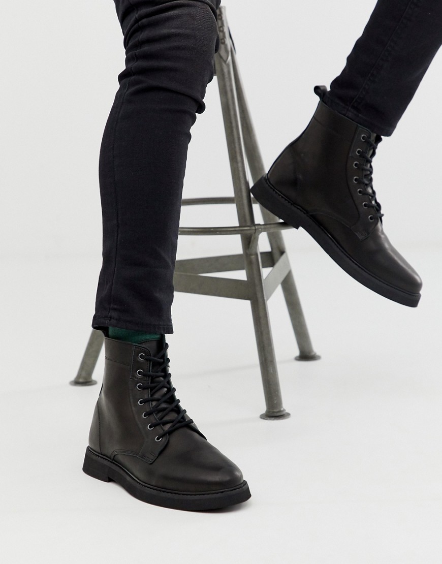ASOS DESIGN lace up boots in black leather with chunky sole
